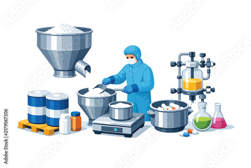Scientist in lab producing pharmaceuticals with modern equipment