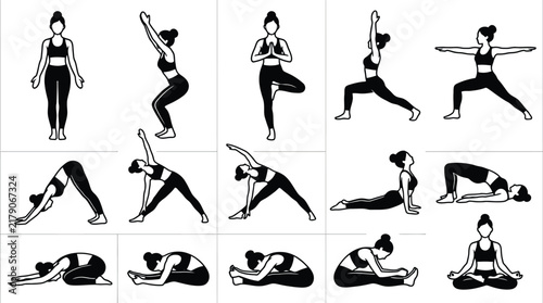 Yoga poses black silhouette vector collection of various female figures in different positions.