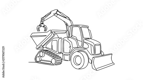 Foto Continuous Line Art Excavator Loading Material, Isolated on Transparent Backgrou