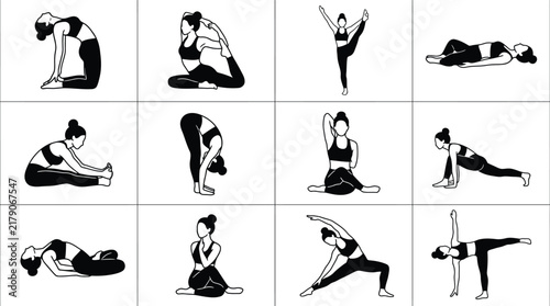 Yoga poses collection for healthy wellness lifestyle and physical fitness flexibility exercises.