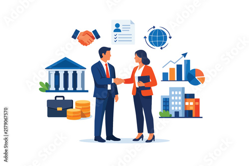 Business partners shaking hands with city and charts background