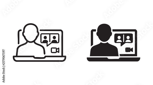 Video conference laptop icons for remote communication and meetings.