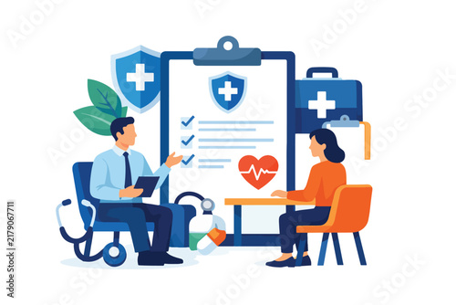 Doctor consulting patient with medical records and digital tablet