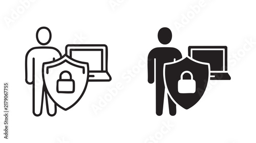 Cyber security user protection icons with laptop and shield.