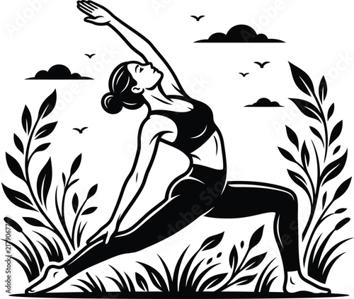 Yoga warrior pose silhouette with floral nature elements for wellness lifestyle branding design.