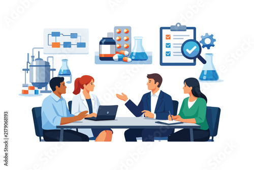 Business team meeting with pharmaceutical and technology icons