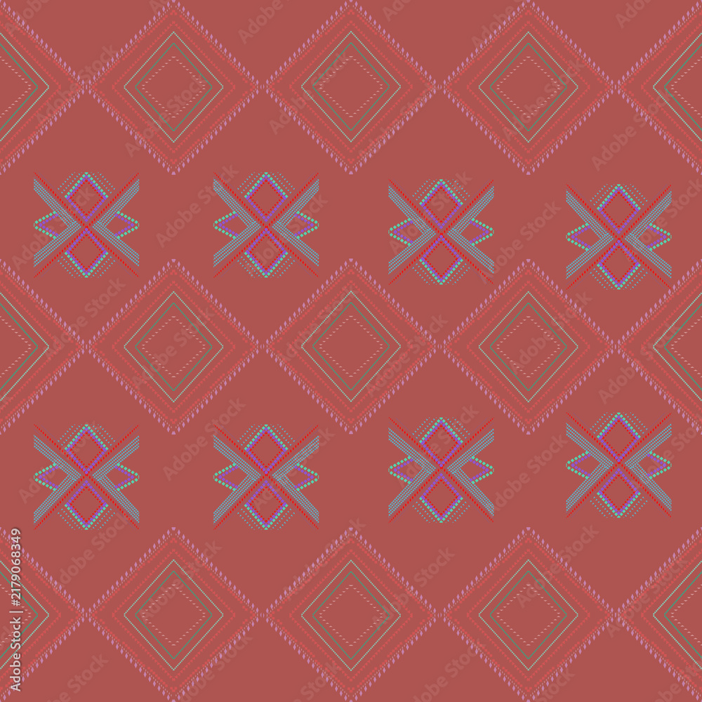 Red tribal geometric seamless pattern ethnic vector illustration background. Traditional folk textile design with diamond and stitch motifs for fashion apparel, home decor, and wrapping paper.