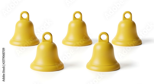Four golden bells hanging on hooks