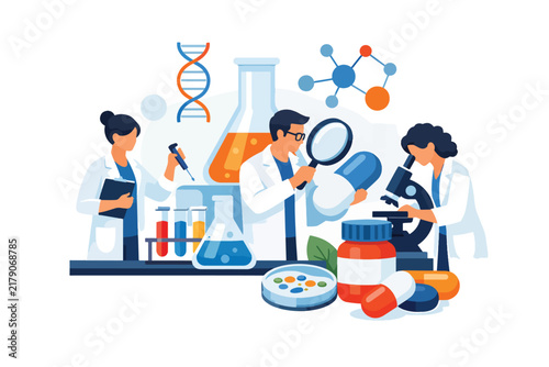 Scientists researching in laboratory with microscopes and test tubes