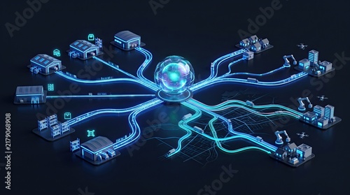 Futuristic network design showcasing interconnected nodes and data flow, symbolizing advanced technology integration.