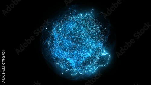 Glowing blue world maps with starry night effect rotating in space