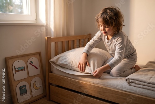 Child Making Bed Independently With Visual Daily Routine