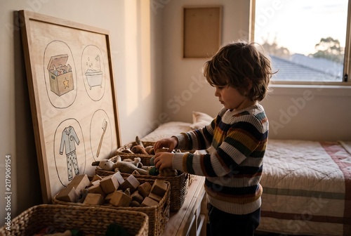 Child Organizing Clothes Independently With Visual Routine Board