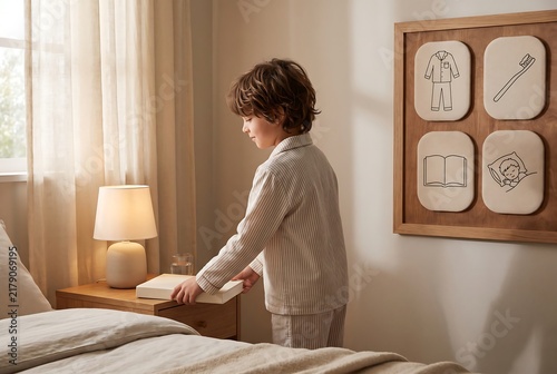 Child Preparing Bedroom For Bedtime Using Visual Routine