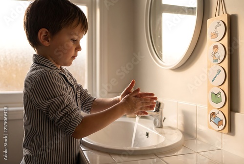 Child Washing Hands Independently With Visual Routine Schedule