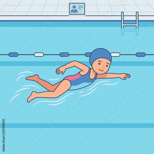 A Cheerful Child Enjoys a Solo Swim Stroke in a Bright Blue Pool