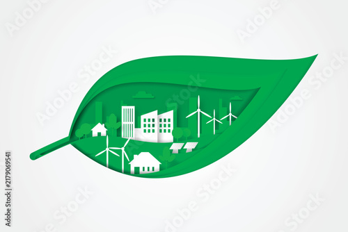 Green Energy Concept with Leaf, Solar Panel, and Wind Turbines Graphic Illustration
