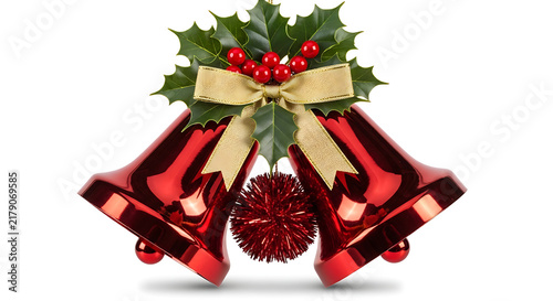 Three red holiday bells with green ribbon