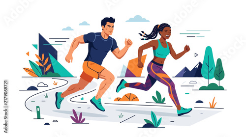 Active Couple Running Outdoors With Mountain Scenery In Stylized Art