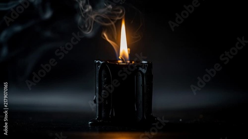 Burning black candle with glowing flame and smoke on dark background for relaxation and ambiance