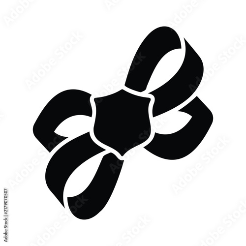 Black bow ribbon icon with central shield element for gift wrapping and decorative crafts.