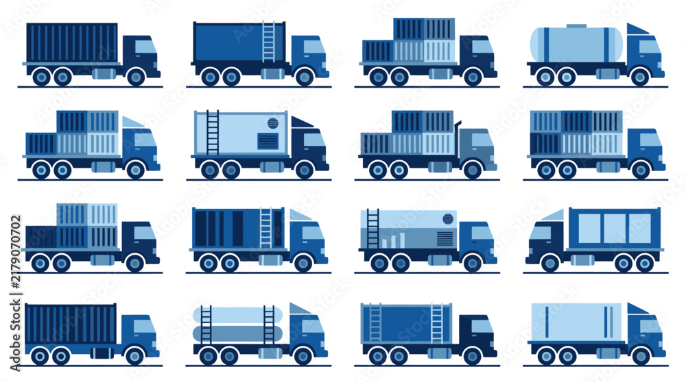 Obraz premium Collection of various cargo trucks and delivery vehicles for logistics and transportation.