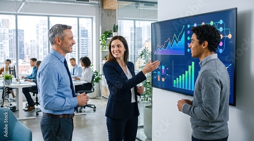 Professionals collaborate in a modern office, discussing growth strategies using visual data on a screen.
