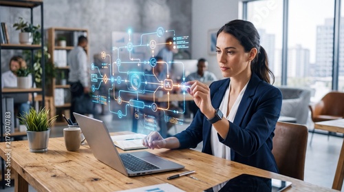 Professional woman working on a laptop in a modern office, engaged in data analysis and technological innovation.