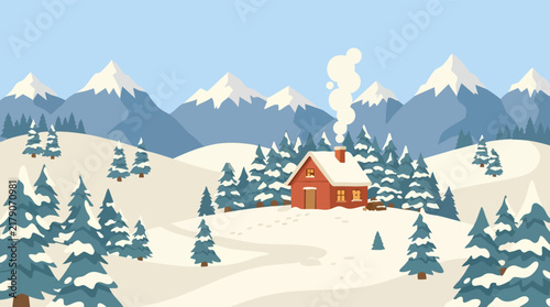 Cozy winter landscape with a cabin, snow-covered mountains, and pine trees