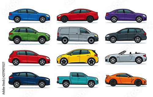 Set of different generic cars, collection of modern vehicles flat illustration isolated on white