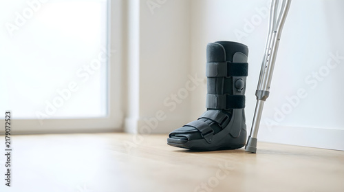 Orthopedic walking boot with adjustable straps and crutches