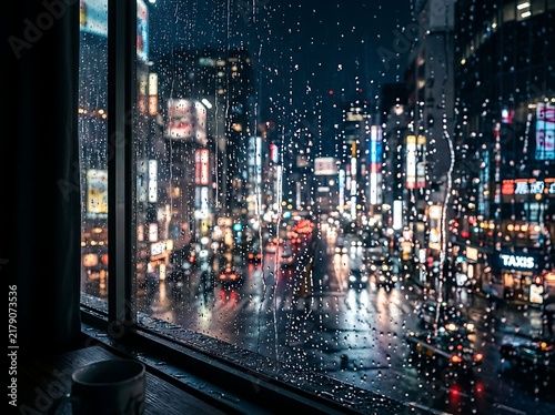 A rainy night view of a lively city with softly blurred lights visible through a rain streaked window evokes a moody feeling
