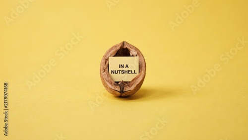 Open walnut shell displaying a small yellow paper note with the text in a nutshell centered on bright yellow background