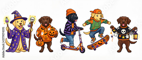 Row of five stylized Labrador characters in Halloween and urban outfits, playful gouache dog collection with skateboards isolated on white background