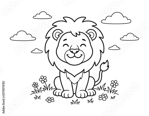 Friendly cartoon lion sitting on grass coloring book page illustration with predator coloring monochrome activity