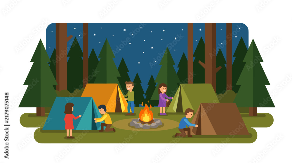 Fototapeta premium Flat design vector illustration of diverse campers setting up tents around a campfire in a forest at night under starry sky