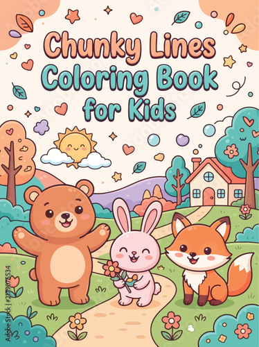Chunky Lines Kids Coloring Book Cover Easy Toddler Animals Vector