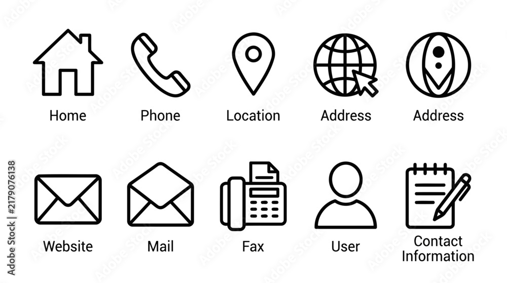 Fototapeta premium Set of black outline contact information icons representing various communication methods and web services