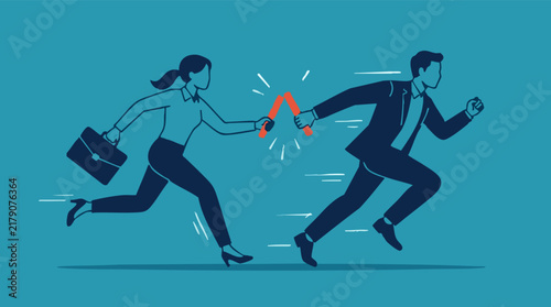 Business team passing a broken link in a relay race, teamwork challenge