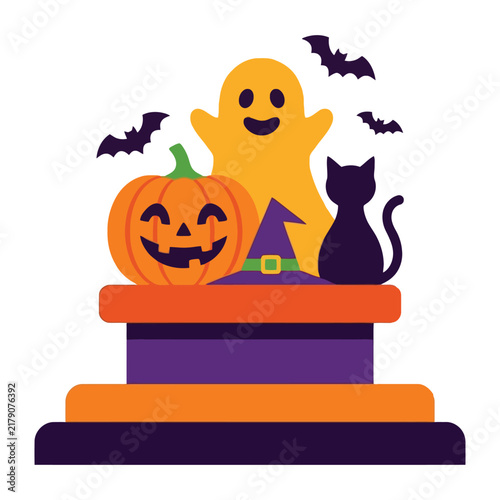 Fun halloween display featuring a smiling orange carved pumpkin along with a friendly yellow ghost a black cat plus a witch hat accompanied by flying bats for seasonal holiday party decoration