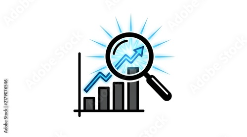 Magnifying Glass with Glowing Blue Arrow Highlighting Growth Bar Chart