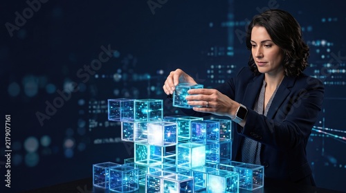 Plakat A woman assembling digital blocks representing data and technology concepts in a futuristic environment.