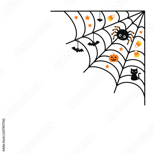 Spooky Halloween corner frame featuring a hanging spider web with tiny bats and festive orange pumpkins and black cat decorations for seasonal party invitations or greeting card layout designs