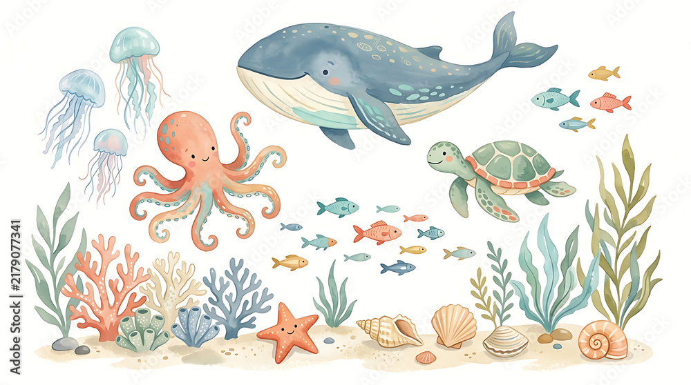 Fototapeta premium Adorable Watercolor Marine Life Collection Featuring Whale, Octopus, Sea Turtle, Fish, and Coral on White Background for Kids' Design Projects