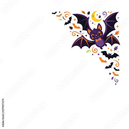 Cute flying bats design corner decoration for festive seasonal party invitations and celebratory holiday greeting cards featuring purple moon and orange patterns for fun creative autumnal
