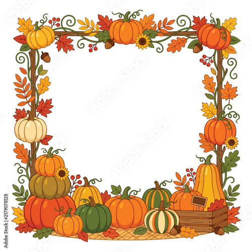 Autumn harvest frame featuring decorative pumpkins and colorful foliage perfect for festive seasonal invitations or thanksgiving cards showing nature bounty gathered in traditional wooden crate
