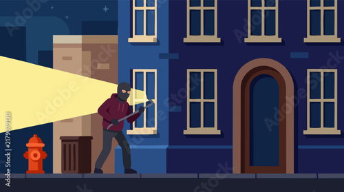 Burglar in balaclava with crowbar and flashlight on urban street at night