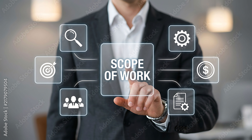 Obraz premium Businessman interacting with scope of work digital interface and business icons