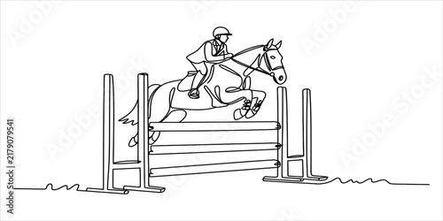 Foto Continuous single line drawing of a horse and rider jumping over a wooden fence