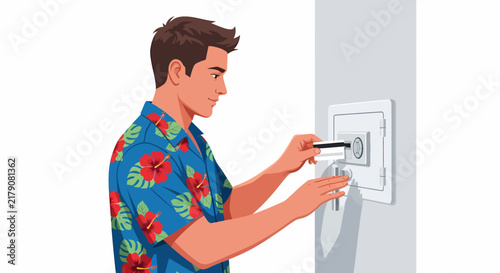 Принти на полотні Caucasian Male Vacationer Opening Hotel Safe with Key Card